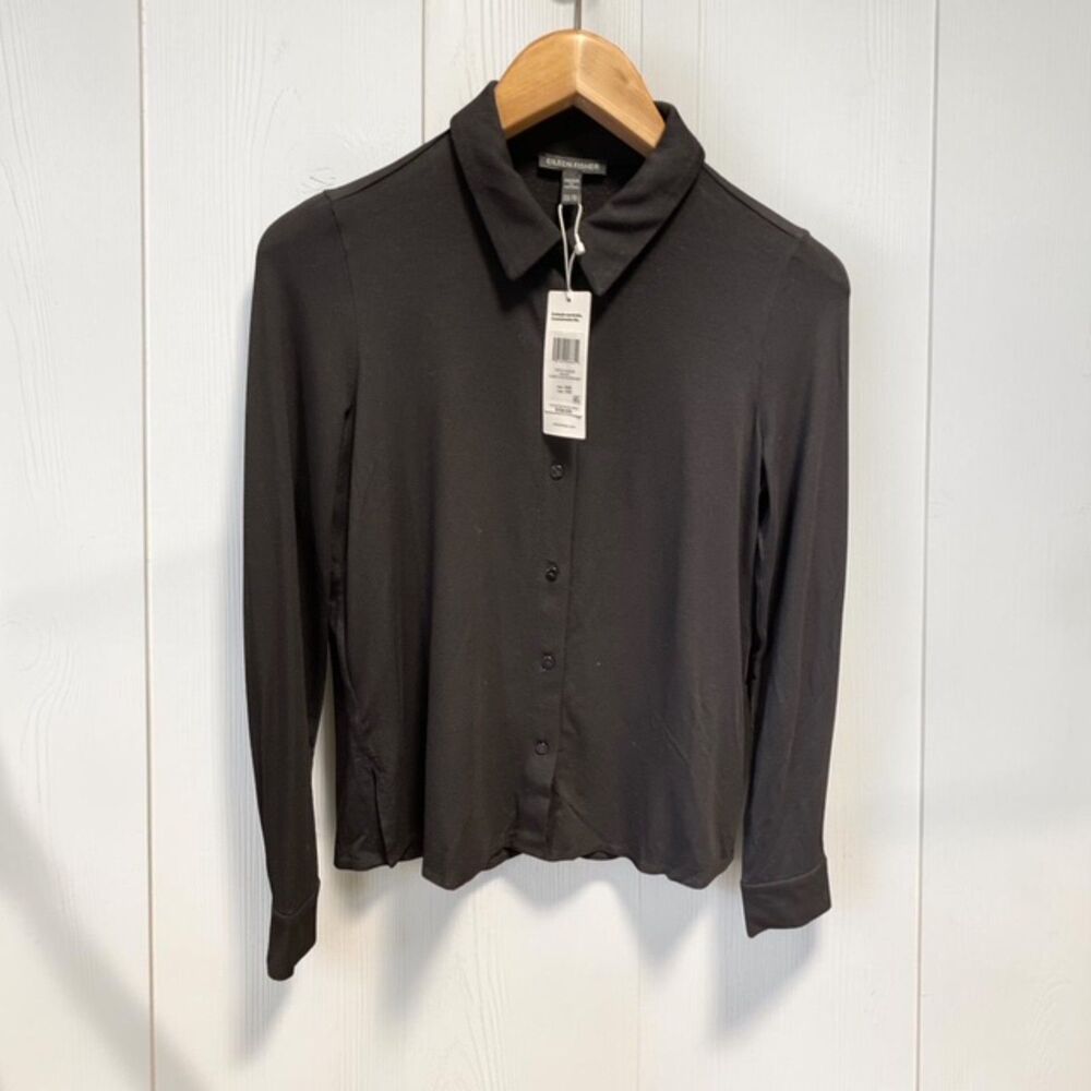 NWT Eileen Fisher Black Finn Jersey Classic Collar Slim Shirt XXS